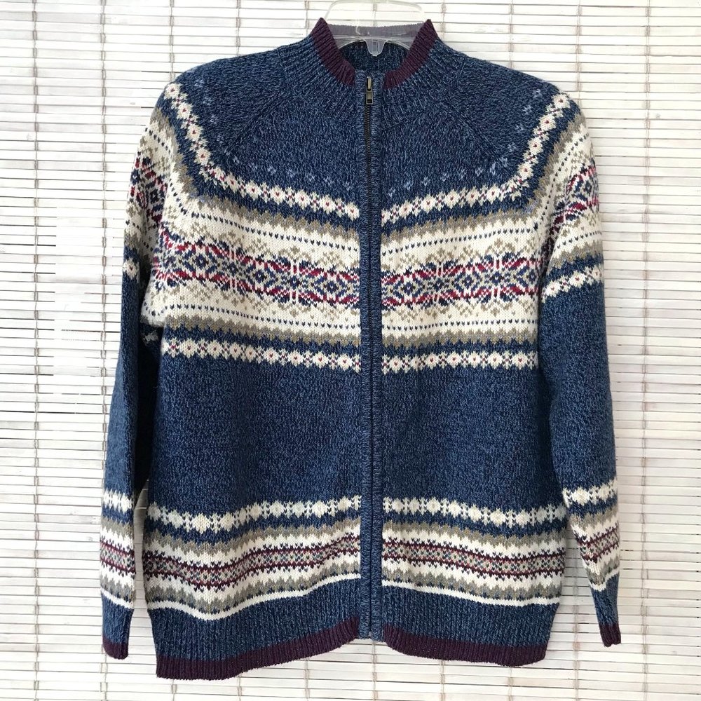 TIARA INTL Snowflake Full Zip Nordic Fair Isle Blue M Ski Vintage Sweater